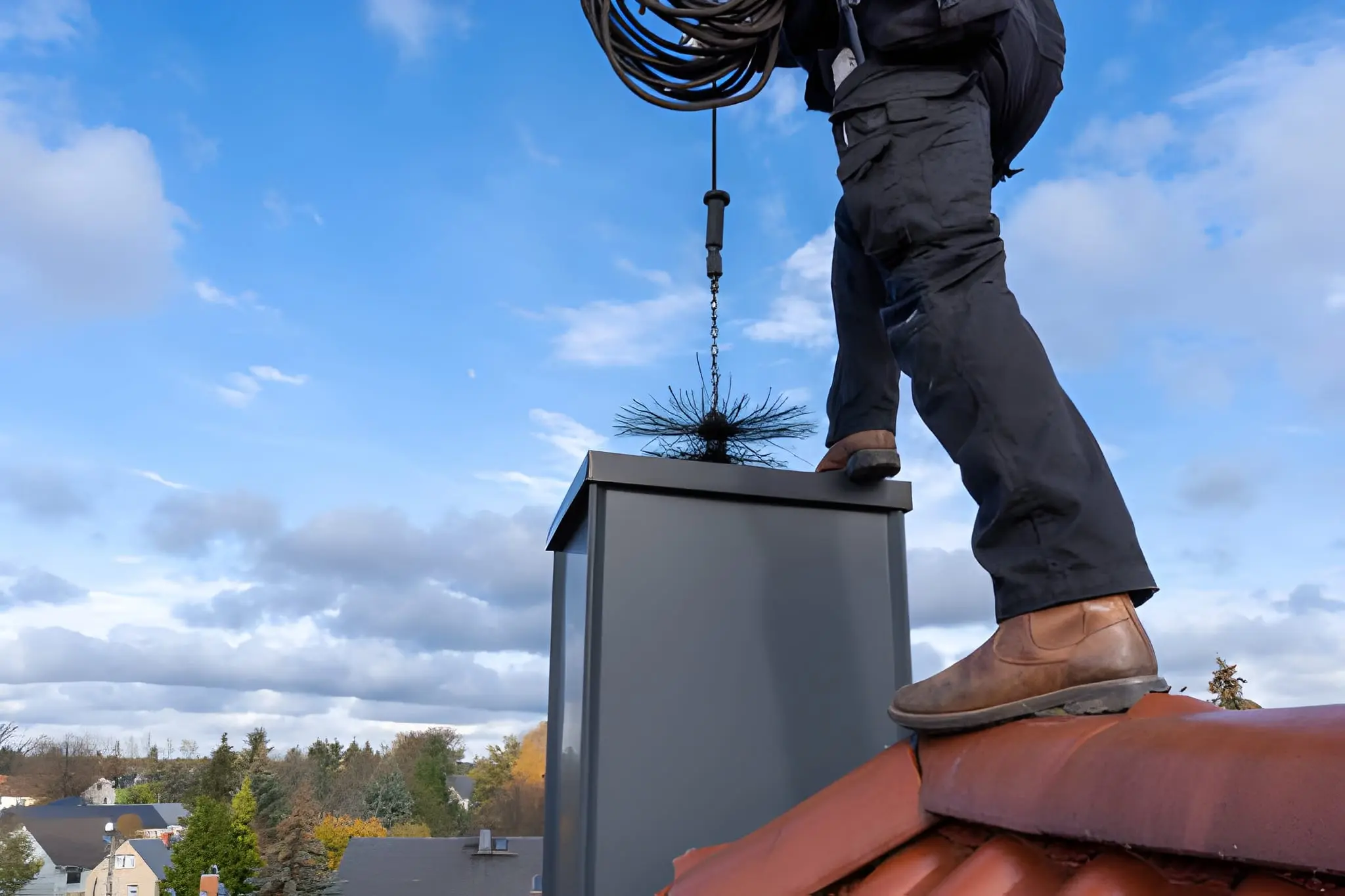 Clean Air Pro chimney sweep using specialized tools to remove soot and debris from a residential chimney in Massachusetts.